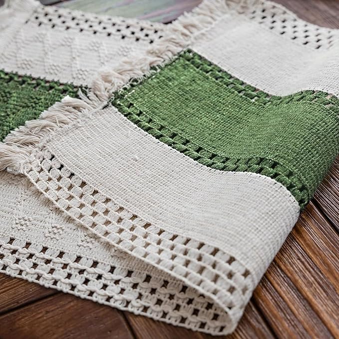 Alynsehom Macrame Table Runner Cream Beige and Green Boho Table Runners with Tassels Hand Woven Cotton Table Runner Rustic Farmhouse Table Runners for Bohemian Kitchen Dining Table(12x71in)