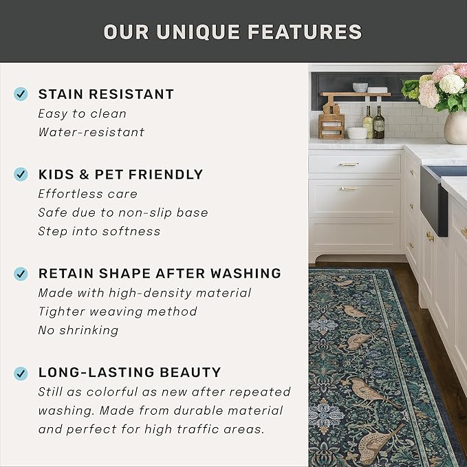 Washable Floral Small 2x4 Thin Door Mats for Inside Entry, Dark Blue Bird Non Slip Kitchen Rug, Low Pile Bathroom Rug, Traditional Carprt for Bedroom Besdide Bed