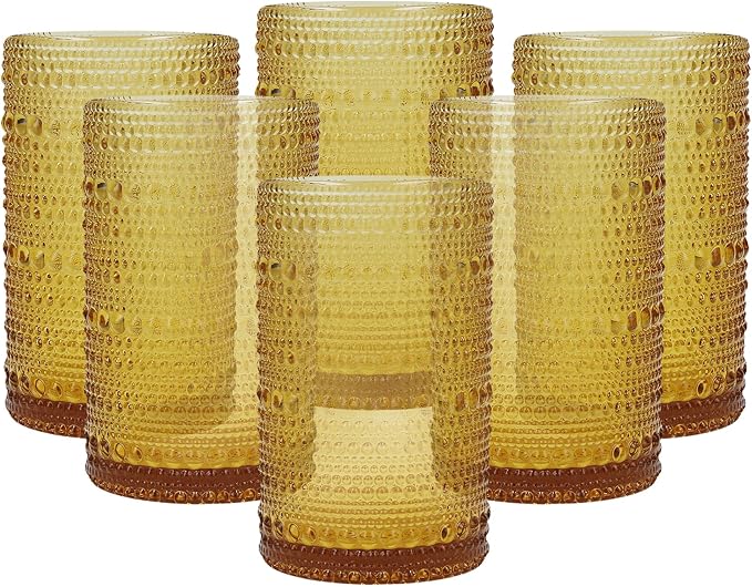 Fortessa Jupiter Beaded Hobnail Glass, 13 Ounce Iced Beverage (Set of 6), Amber