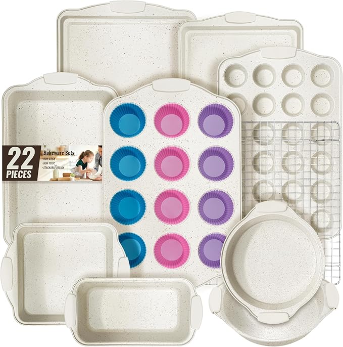 Baking Pans Set Nonstick, Stackable Bakeware Sets with Silicone Handles, AIVIKI 22 Pieces Oven Pan for Cooking Including Baking Cookie Sheet with Rack, Roast Pan, Cake Pan, Loaf Pan, Muffin Pan, Cream