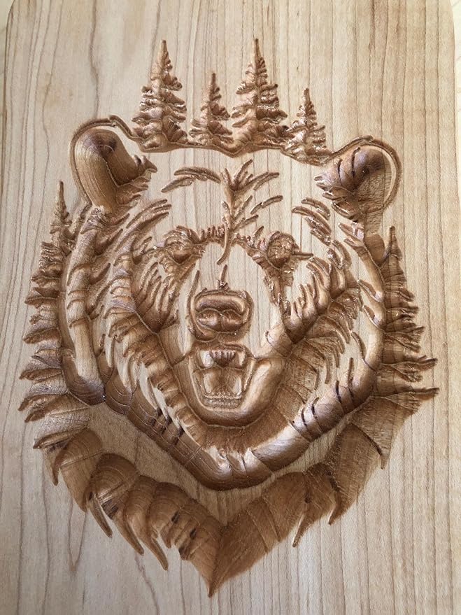 Rustic Maple Wood Cutting Board with Bear Carving, 16 x 6.75 inches Great Gift for Father's Day, Hunting Cabin, Christmas,
