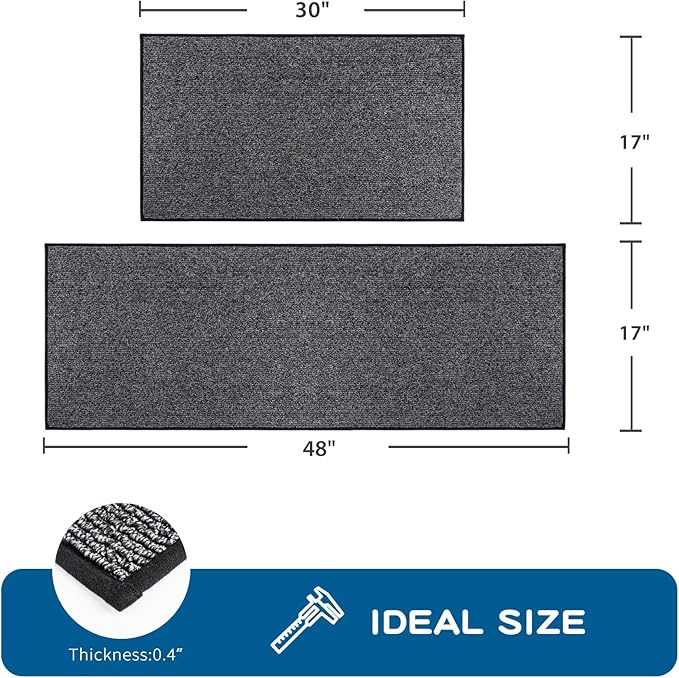 PURRUGS Machine Washable Kitchen Rug Set [2 PCS] (17" x 30"+ 17" x 48"), Non-Slip/Skid Kitchen Runner Rugs & Floor Mats, Super Absorbent Soft Area Rugs for Sink, Kitchen & Laundry, Charcoal