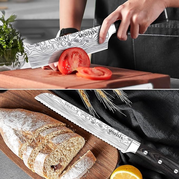 MOSFiATA 5 PCS Chef Knife Set, German High Carbon Stainless Steel Kitchen Knife Set with Sharpener Rod，5PCS Blade Guard,Wood Handle Knives Set for Kitchen with Gift Box