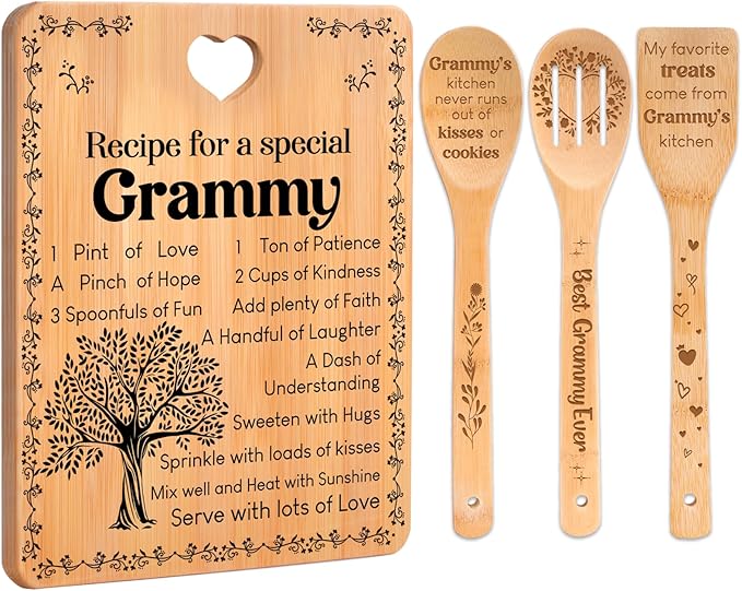 Grammy Gifts - "Recipe for a Special Grammy" Gifts for Grammy Cutting Board Set, Bamboo-Made Engraved Utensil Set Grammy Cutting Board, Grammy Idea Gifts.