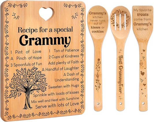 Grammy Gifts - "Recipe for a Special Grammy" Gifts for Grammy Cutting Board Set, Bamboo-Made Engraved Utensil Set Grammy Cutting Board, Grammy Idea Gifts.
