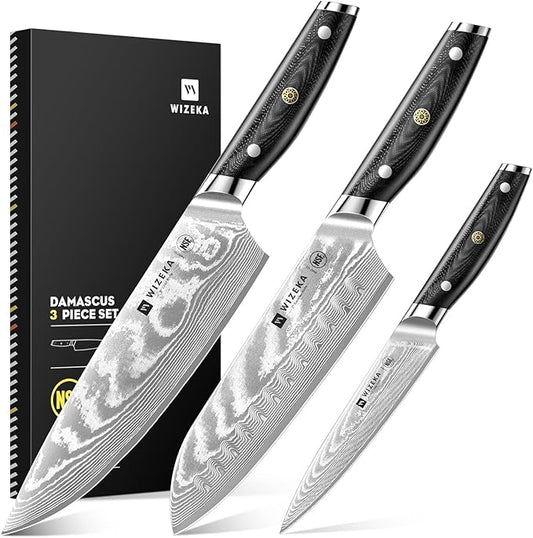 WIZEKA Damascus Chef Knife Set: 3 PCS,Super Sharp Kitchen Knives: Made of Japanese Steel VG10: Full Tang Professional Chef Knife Set With G10 Ergonomic Handle