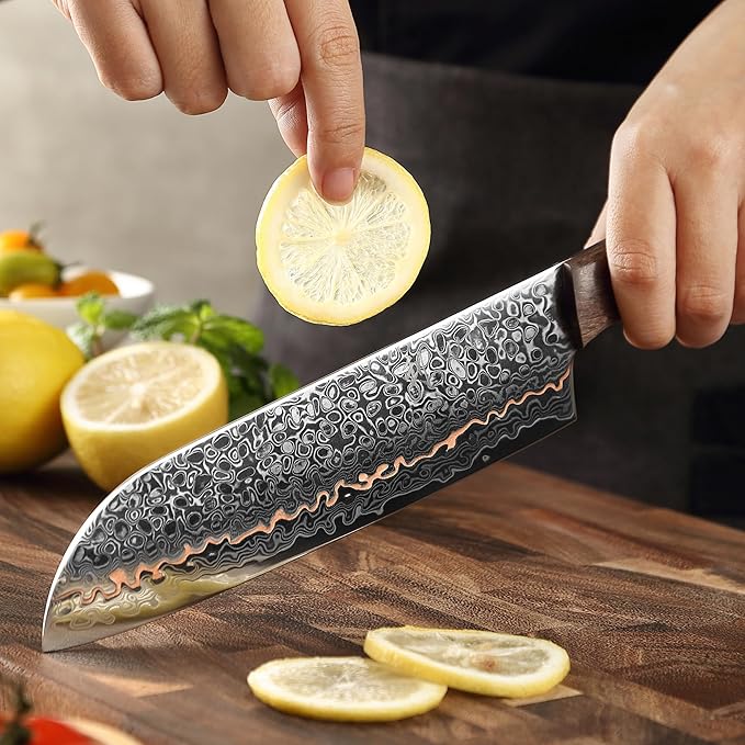 Wakoli Kawa Santoku Knife, 7.1-Inch Blade Damascus Chef Knife | 67-Layer Damascus Steel with VG10 Core | Copper Inlay | Maple Stabilized Wood Handle | Professional Kitchen Knife
