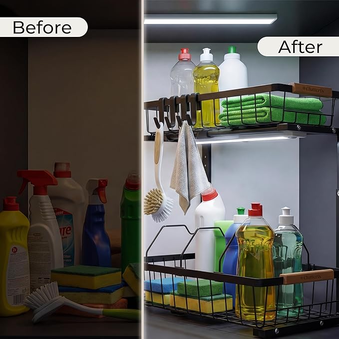 Under Sink Organizer, 2 Pack, 2 Tier Sliding L-Shaped Carbon Steel Rack with Adjustable Height, Motion-Activated LED Lights, Dividers & Hooks (Black)