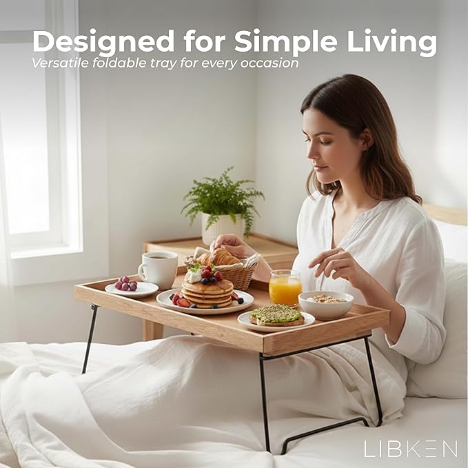 Rubberwood Serving Tray with Foldable Legs – Minimal Scandinavian Design Bed Tray Table – Elegant Wooden Breakfast in Bed Tray, Food Serving Tray for Eating, Snacks, Reading & Laptop Use