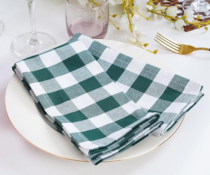 Blue Needles Gingham Buffalo Plaid Cloth Napkins 100% Cotton Set of 12 Dinner Table Napkins 18x18 inch, Soft Reusable Washable Ideal for Wedding Parties & Everyday Use - Forest Green & White