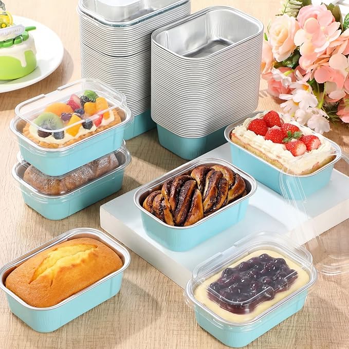 Vesici 100 Sets Mini Loaf Pans with Lids, 5.7 oz Disposable Aluminum Foil Baking Cups, Rectangle Cake Pans for Pudding Desserts Muffin Baking Storage Valentines Wedding Birthday Party(Powder Blue)