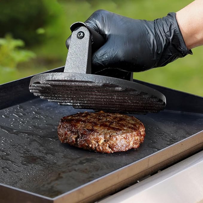 onlyfire Cast Iron Grill Press, Heavy-Duty Smash Burger Press Meat Steak with Handle for Griddle, 6” Grill Press for Hamburger, Bacon, Meat, Steak, Patty