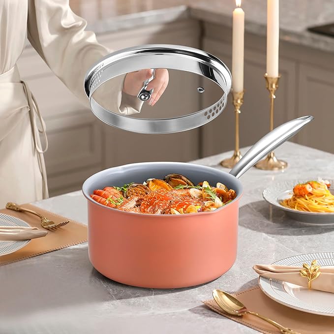 Fracoda Nonstick Ceramic Saucepan 2.5 Qt,Sauce Pot with Strainer Lid,Two Side Spouts for Easy Pour with Ergonomic Handle,Non Toxic,PTFE &PFOA Free - Oven Safe Compatible with All Stovetops,Perracotta