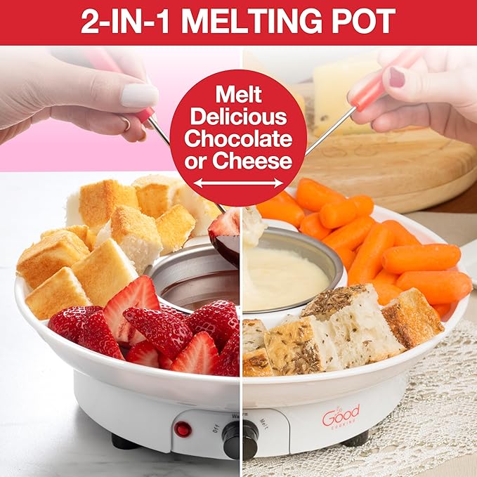 Electric Fondue Maker Deluxe Set w 4 Forks- Removable Serving Tray for Cheese & Chocolate Melting, Warming Setting- Valentines Day Candy Bar Melter, Party Must Have- Appetizers Desserts- Gift for Host