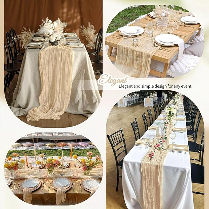 12 Pack Beige Cheesecloth Table Runner 10Ft, Gauze Table Runners 21.5 x 120 inch,Semi Sheer Cheese Cloth Fabric Runner Bulk for Wedding,Party,Baby Shower,Bridal Shower