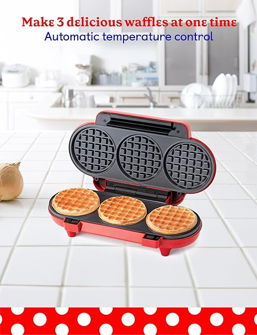Betty Crocker Mini Multi-Waffle Maker, 1200W Kitchen Appliance for Home and Kitchen, Makes 3 Waffles at Once, Non-Stick Coating, Automatic Temperature Control, Cool Touch Handle, BC-5886R, Red