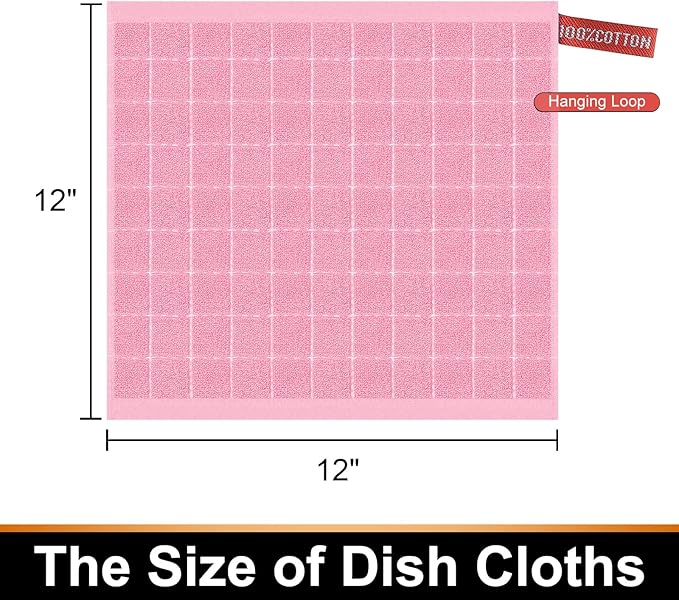 Mordimy 100% Cotton Terry Cloth Dish Cloths, Soft and Absorbent Checkered Dish Towels, Quick Drying Dish Rags for Washing Dishes, 8 Pack, 12 x 12 Inches, Pink