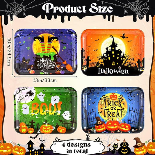 Vesici 4 Pcs 13 x 10 Inch Halloween Serving Trays Set Witch Haunted House Ghost Boo Melamine Platter Reusable Halloween Party Decorations for Trick or Treat Party Serving Food Snacks Cookies Dessert