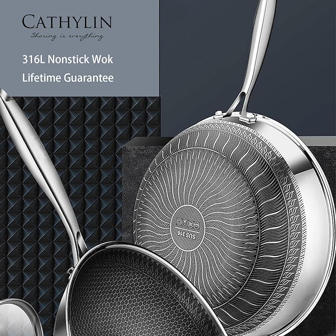 CATHYLIN 13'' 316L Stainless Steel Stir-fry Wok with Lid,Non Stick Skillet with Stay-cool Handle PFOA Free Suitable for Induction, Ceramic, Electric, and Gas Cooktops