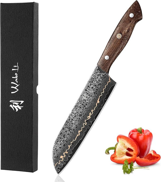 Wakoli Kawa Santoku Knife, 7.1-Inch Blade Damascus Chef Knife | 67-Layer Damascus Steel with VG10 Core | Copper Inlay | Maple Stabilized Wood Handle | Professional Kitchen Knife