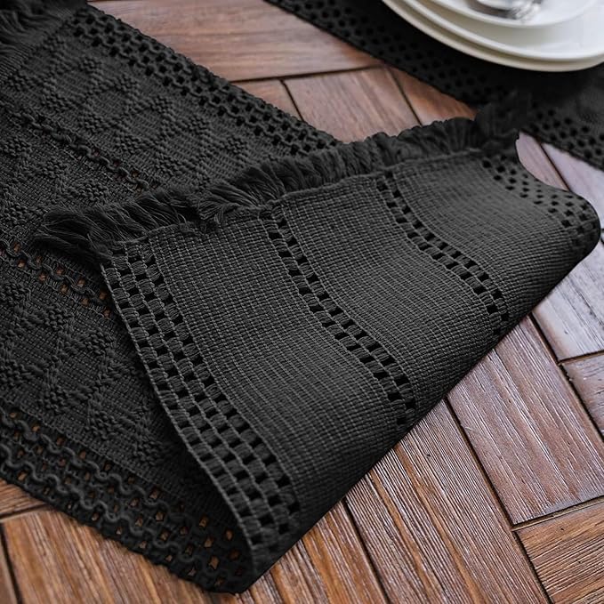 Alynsehom Macrame Table Runner Pure Black Boho Table Runners with Tassels Hand Woven Cotton Table Runner Rustic Farmhouse Table Runners for Bohemian Kitchen Dining Table(12x48in)