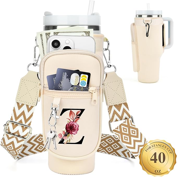 LOKASS Personalized Water Bottle Holder with Strap for Stanley Cup Accessories 40 oz Tumbler, Initial Water Bottle Carrier Bag/Phone Pocket, Mother's Day/Birthday Gifts for Women/Girls