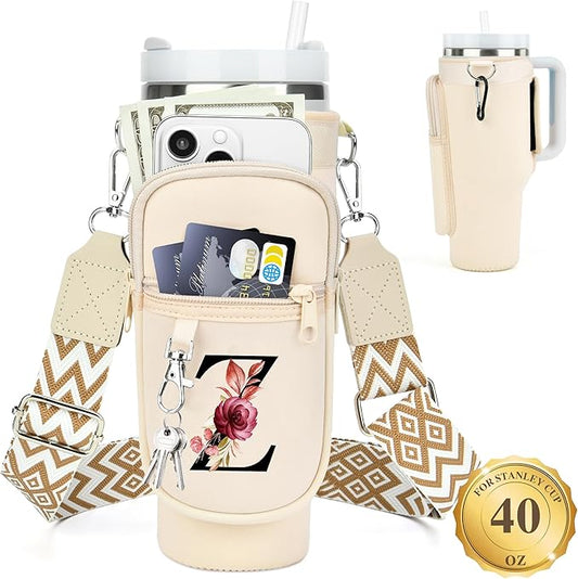 LOKASS Personalized Water Bottle Holder with Strap for Stanley Cup Accessories 40 oz Tumbler, Initial Water Bottle Carrier Bag/Phone Pocket, Mother's Day/Birthday Gifts for Women/Girls