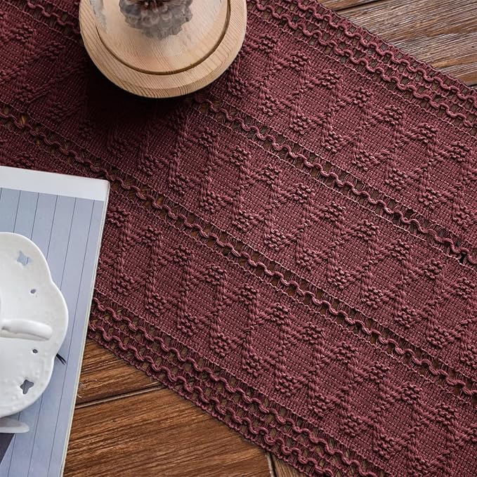 Alynsehom Macrame Table Runner Burgundy Boho Table Runners with Tassels Hand Woven Cotton Table Runner Rustic Farmhouse Table Runners for Bohemian Kitchen Dining Table(12x71in)