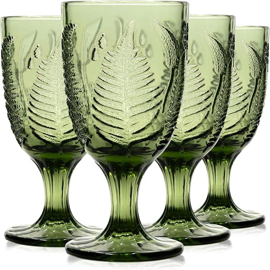Green Glass Goblets Set of 4, 10 oz Stemmed Wine Glasses, Hand-Pressed Vintage Glassware, Fern Embossed Colored Stemware, Boho Aesthetic Textured Drinkware, Retro Home Decor Gift Set for Housewarming