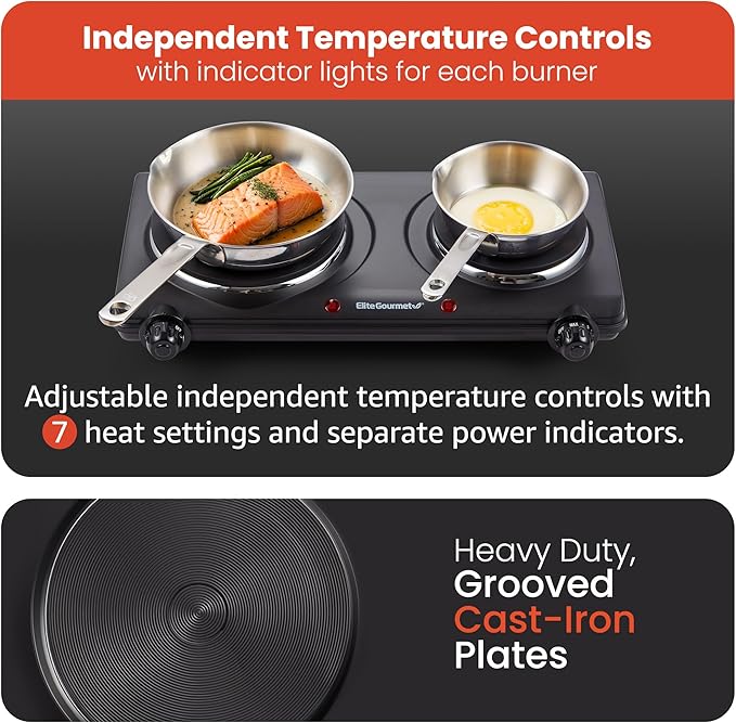 Elite Gourmet EDB-302BF# Countertop Double Cast Iron Burner,1500 Watts Electric Hot Plate,Temperature Controls,Power Indicator Lights,Easy to Clean,Black,(Pack of 3)