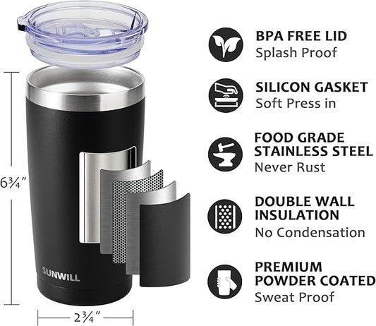 SUNWILL Travel Coffee Mug with Lid, 20 oz Tumbler Set of 2, Insulated Stainless Steel Cup for Water, Tea, Ice, Powder Coated Black 2 pack