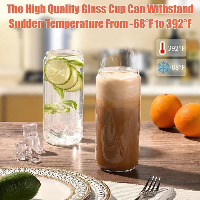 Glass Cups with Lids and Straws 20oz, 12psc Glass Drinking Set, Beer Can Cups with Bamboo Lids, Tumbler Cup with Straw for Ice Coffee, Cocktail, Whiskey, Soda Boba Tea -2 Cleaning Brushes.