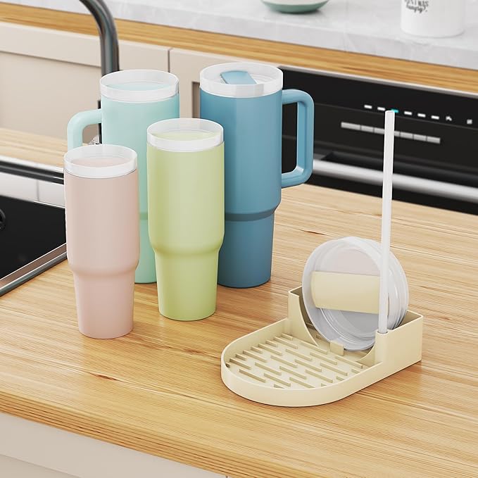 NiHome Silicone Water Bottle Drying Rack Compatible with Stanley Tumblers 20-40oz, Mugs, Wine Glasses, Compact Portable Cup Dryer Stand with Anti-Slip Base for Countertops, RVs & Travel (Cream)