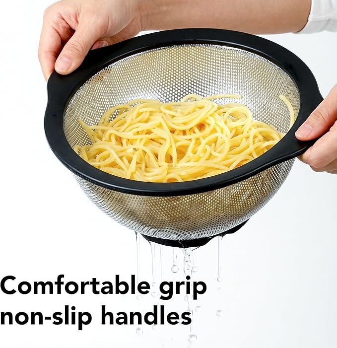 Rorence Colander Set, Stainless Steel Colanders with Non Slip Silicone Handles & Base, 2.5 & 4.3 Qt Dishwasher Safe Colander for Kitchen, Pasta, Vegetables, Fruits, Home Cooks & Families
