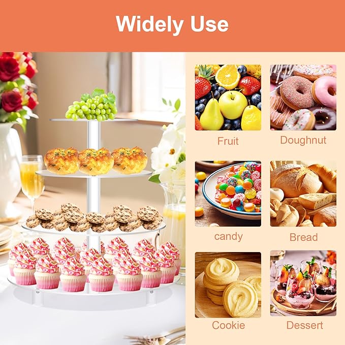 Jusalpha® Large 4 Tier Acrylic Glass Round Cake Stand-cupcake Stand- Dessert Stand-Tea Party Serving Platter-Candy Bar Party Décor, With Rod Feet 4RF-12