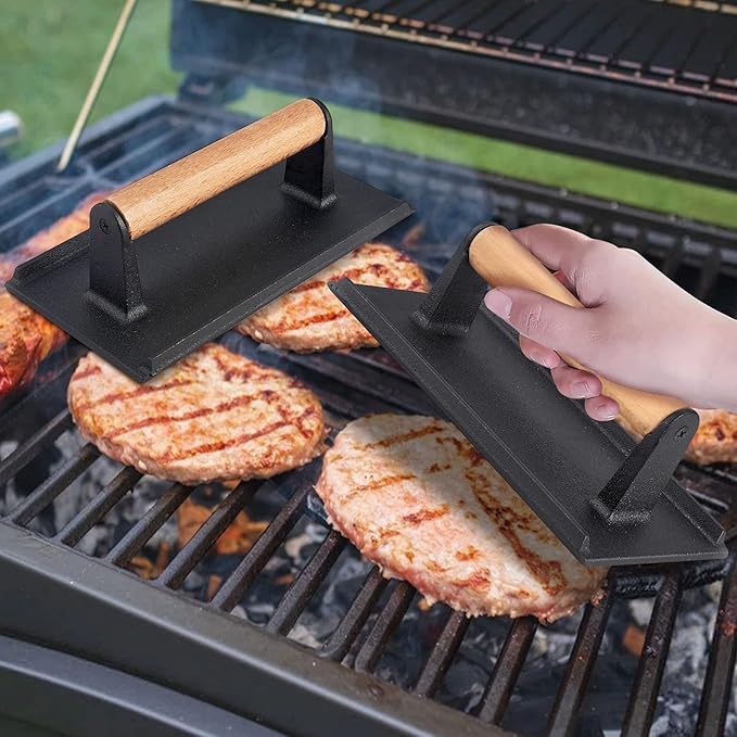 Smash Burger Press, Leonyo Cast Iron Burger Press, Heavy-Duty Hamburger Smasher Tool Griddle Accessories Kit for Cooking Bacon Steak Sandwich, Outdoor BBQ Grill - Rectangle (8.2"X4.3")