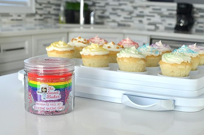 The Sweet Baker | Professional Silicone Baking Cups | Premium 12 Piece Set | Reusable Cupcake Muffin Pans | BPA Free