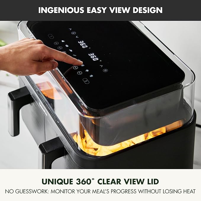 GreenPan Clearview 10QT Double Air Fryer, 360° Clear Window, PFAS-Free Ceramic Nonstick 5QT Drawers & Trays, Dual Cooking, 12-Presets, Shake Reminder, Keep Warm, Dishwasher Safe Parts