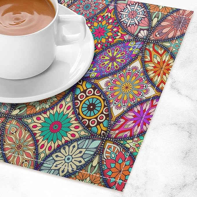 Boho Mandala Placemats Set of 4 Vintage Bohemia Flower Art Printed Dining Table Mats for Restaurant Home Kitchen Holiday Picnic Party Decor 12x18in