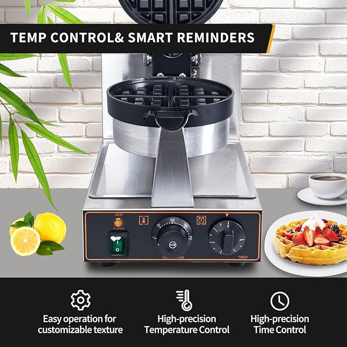 Commercial Waffle Maker, belgian waffle maker, 1000W Round Waffle Iron, Non-Stick Waffle Baker Machine with 122-572℉ / 50-300℃ Temp Range Teflon-Coated Baking Pans Stainless Steel Body