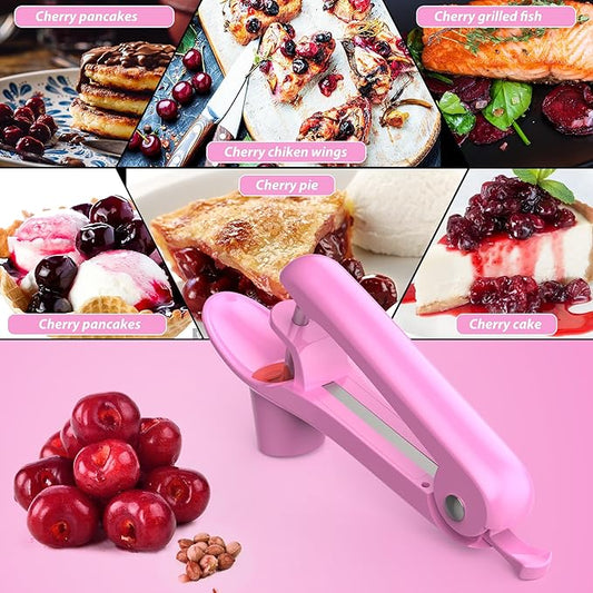 Cherry Pitter - Ordekcity Stainless Steel Cherries Corer Pitter Tool with Hand-held Push Design, Save Time & Space for Making Cherry Jam with Lock Design(Pink)