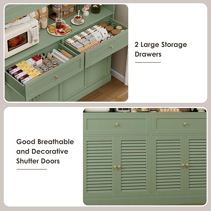 HIFIT 71" Hx55''W Large Kitchen Hutch Storage Cabinet, Farmhouse Coffee Bar Hutch with Microwave Stand, Tall Kitchen Pantry Cabinet with Louvered Doors, 2 Cable Holes, 2 Drawers, Green