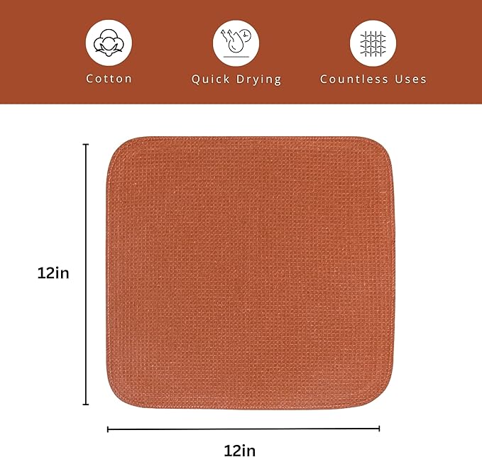 PurpleEssences Dish Cloths and Dish Rags - 8 Pack Waffle Weave Solid Kitchen Dish Wash Cloths, 100% Cotton, 12 x 12 Inches, Ultra Soft Absorbent Quick Drying - Christmas Holiday Winter - Rust