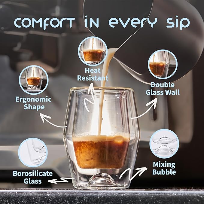 To-Go Espresso Glass Travel Mug with Lid, Reusable Double Wall Glass Tumbler, Fits Most Coffee Makers & Cupholders for Your Car, Gifts for Coffee Lovers, 4.5 oz Cortado Cup, Flat White