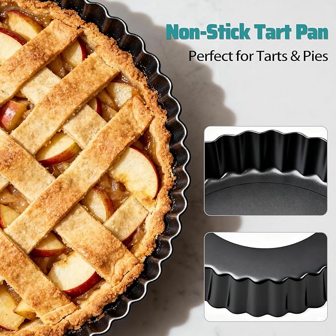 EPPARN Tart Pan 2 Pack, 9 Inch Non-Stick Carbon Steel Pie Pan, Tart Pans with Removable Bottom - Perfect Molds for Making Quiches, Brownies, and Fruit Tarts with Grooved Edges