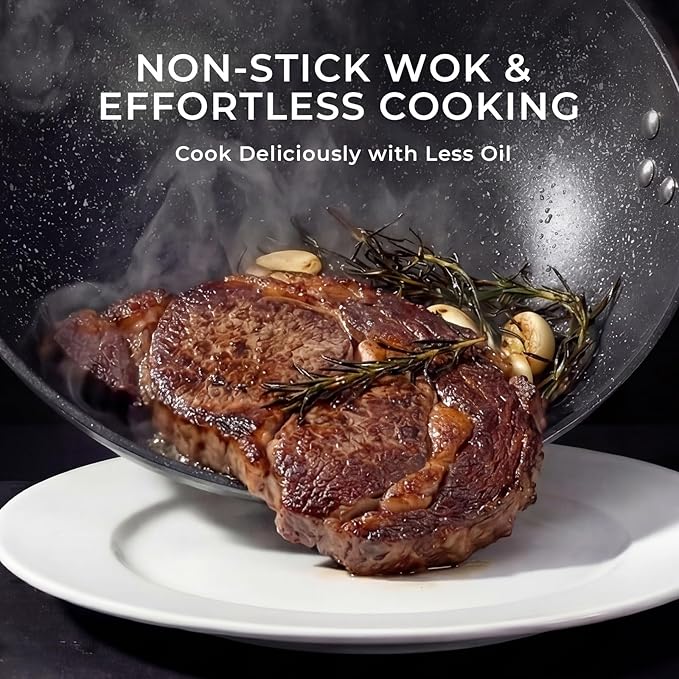 12.5-Inch Carbon Steel Wok Pan with Lid: Woks & Stir-Fry Pans Nonstick with Steamer for Cooking Pan Set, Large Deep Chinese Frying Saute Pan Wok Skillet, Induction Compatible, Stay-Cool Handle, Gifts