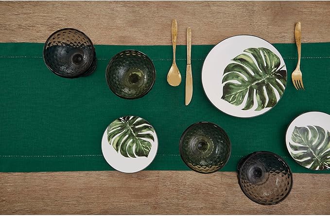 Solino Home Linen Rainforest Green Table Runner 156 Inches Long - 100% Pure Linen Extra Long Table Runner 14 x 156 Inch for St Patricks Day - Classic Hemstitch