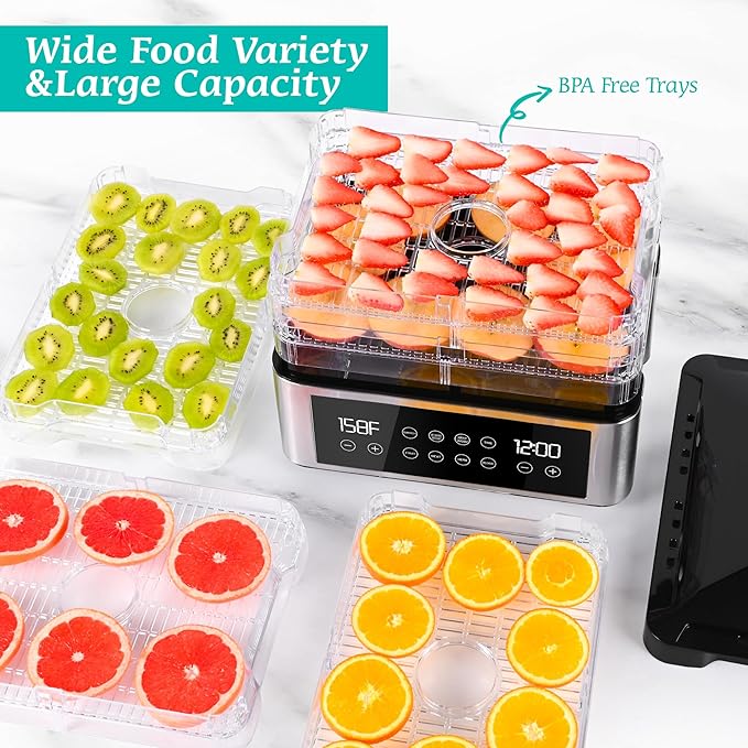 Food Dehydrator, One-Touch Dehydrator with Automatic Temperature Control 5 BPA-Free 11.4" Trays, Dehydrated Dryer for Jerky, Dog Treats, Herbs, Meat, Fruit, and Yogurt