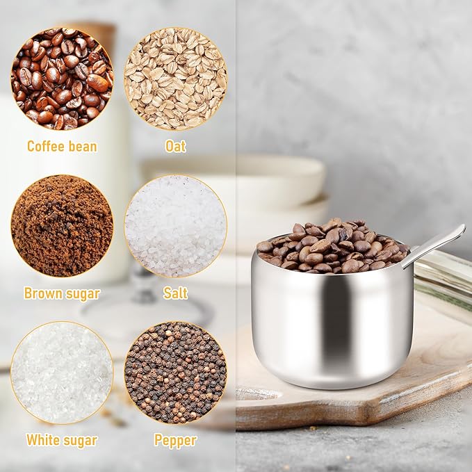 Sugar Container with Glass Lid and Spoon - 10oz Stainless Steel Sugar Bowl for Coffee Bar Station Accessories Kitchen Storage for Salt, Candy, Coffee Bean (Silver)