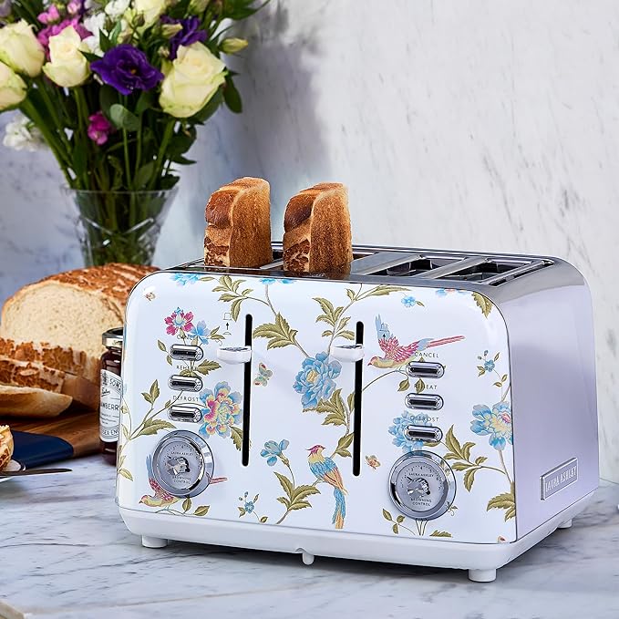 VQ Laura Ashley Elveden White Stainless Steel 4 Slice Toaster | Multi-Functional Bagels & Bread Toaster 4 Slice with Adjustable Heating & Defrost Mode | Featuring 4 Wide Slots, Croissant Warming Rack